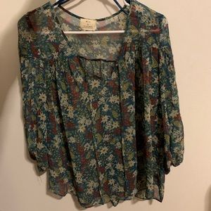 UO floral print 3/4 sleeve sheer blouse